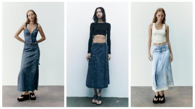 Faldas vaqueras midi de la colección de primavera 2023 de Zara.