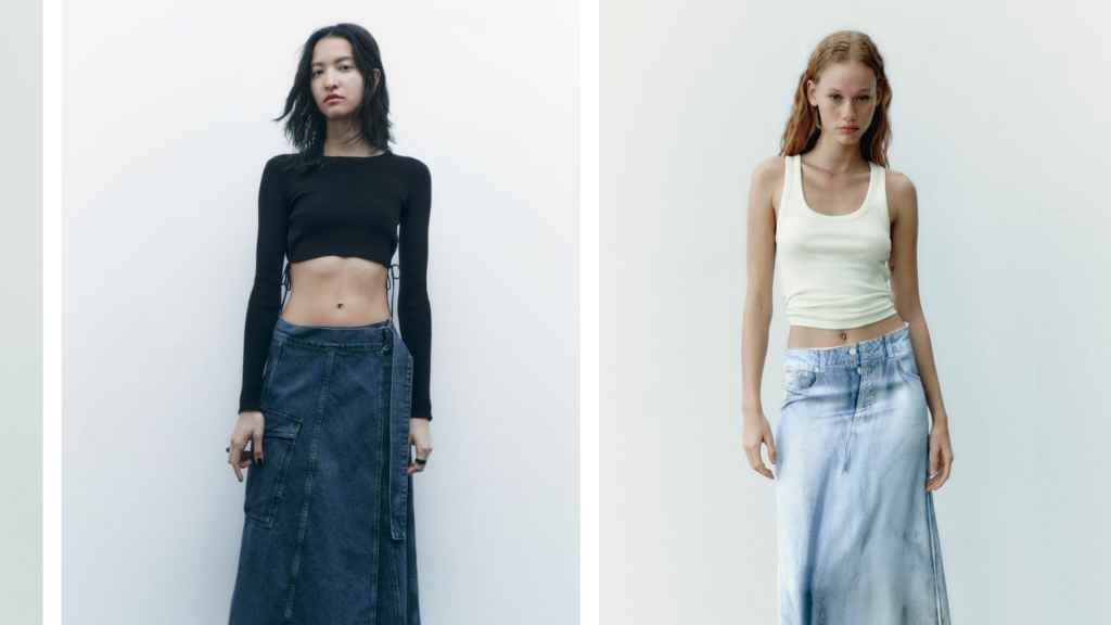 Faldas vaqueras midi de la colección de primavera 2023 de Zara.