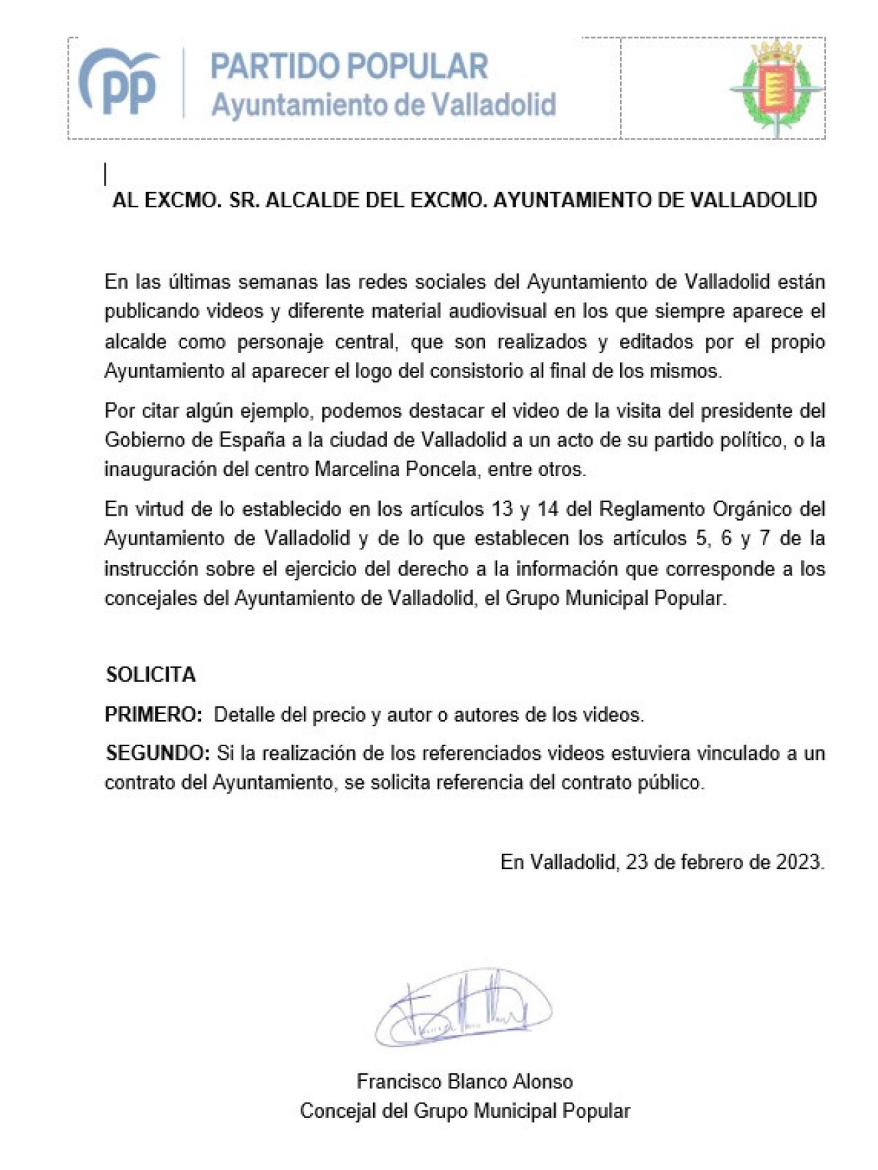 Pregunta del PP a Óscar Puente