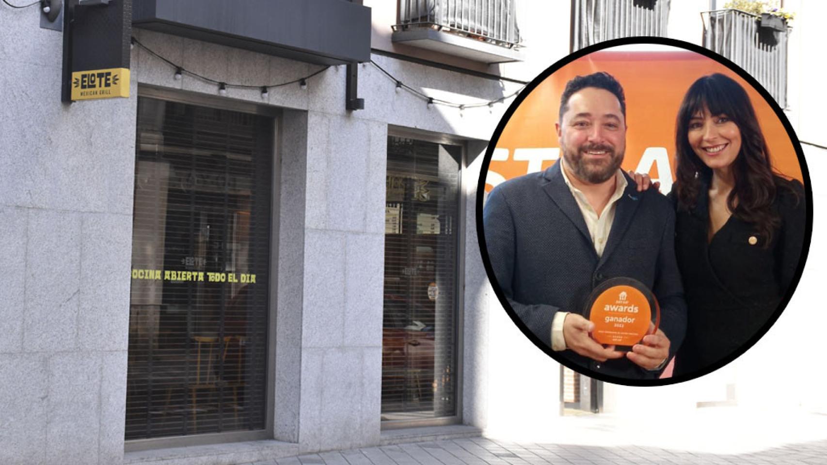 José Antonio Amaro y Marta Fernández en la entrega de premios. De fondo, el restaurante Elote