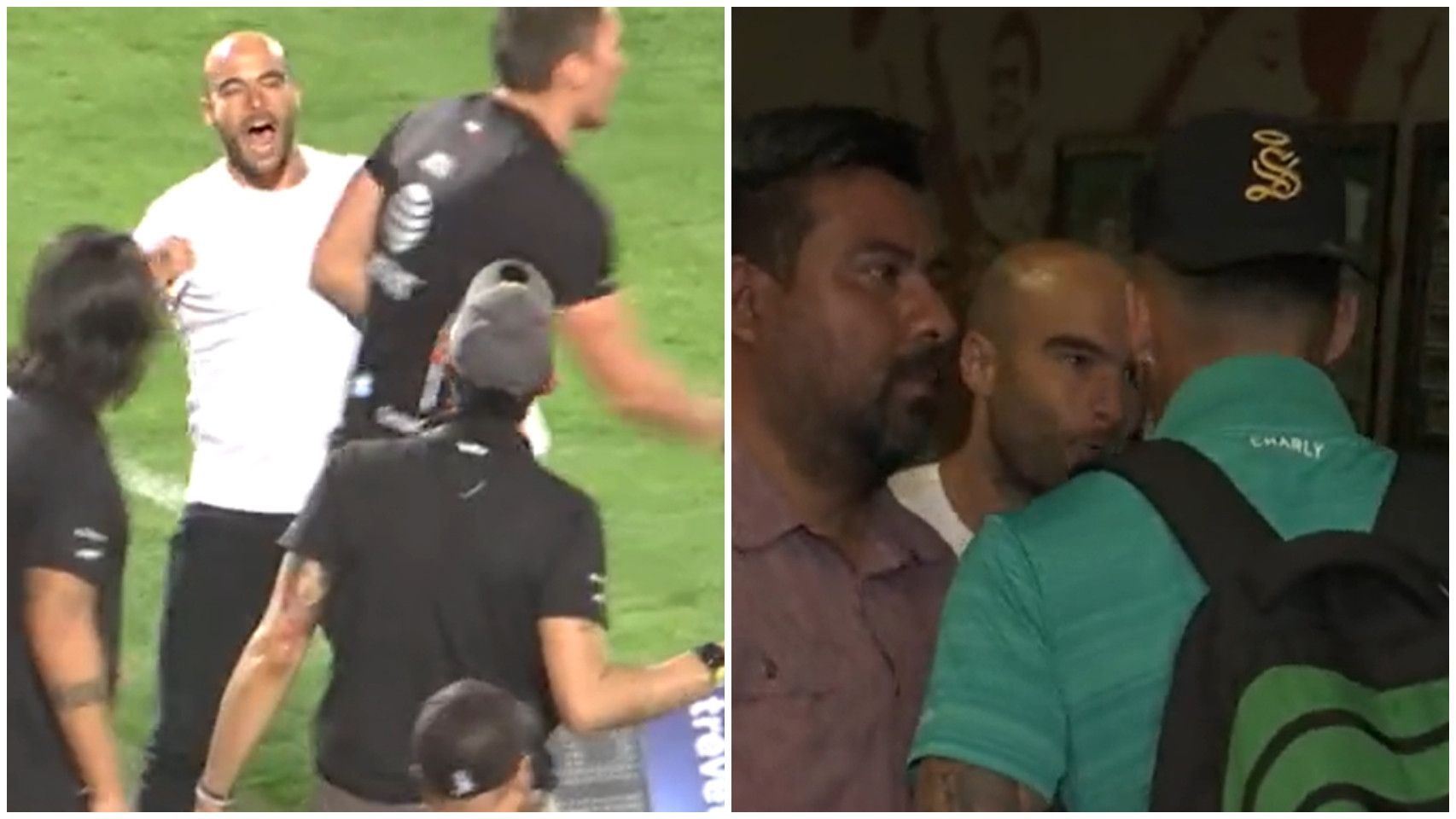 Jugador y entrenador encarándose durante y tras el partido.