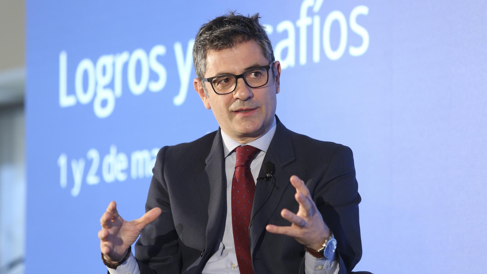 Félix Bolaños, ministro de la Presidencia, Relaciones con las Cortes y Memoria Democrática, durante su intervención en la inauguración del II Foro Económico de Castilla-La Mancha 'Logros y desafíos'.