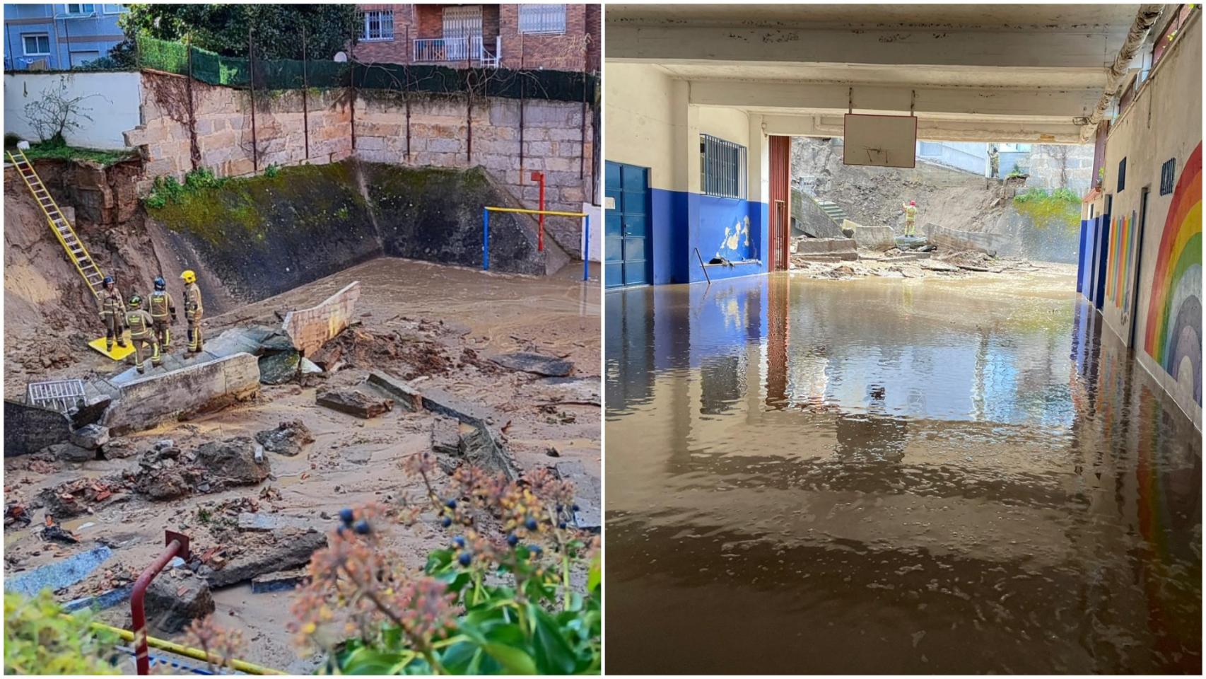 Inundación del patio del Colegio Cardenal Cisneros de Ourense.