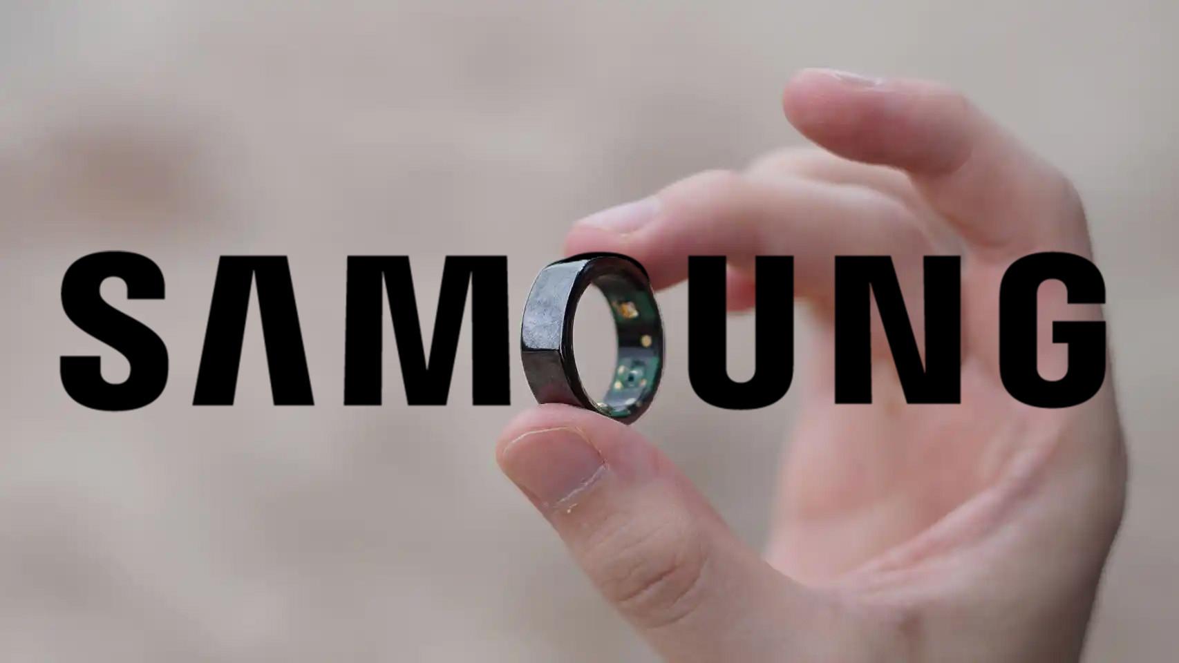 Fotomontaje con un anillo inteligente y con el logo de Samsung.