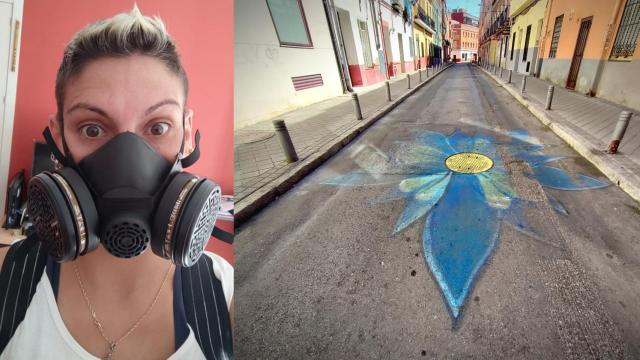Miriam, vecina de Berruguete (Tetuán), y una de sus flores en la calle Tablada.