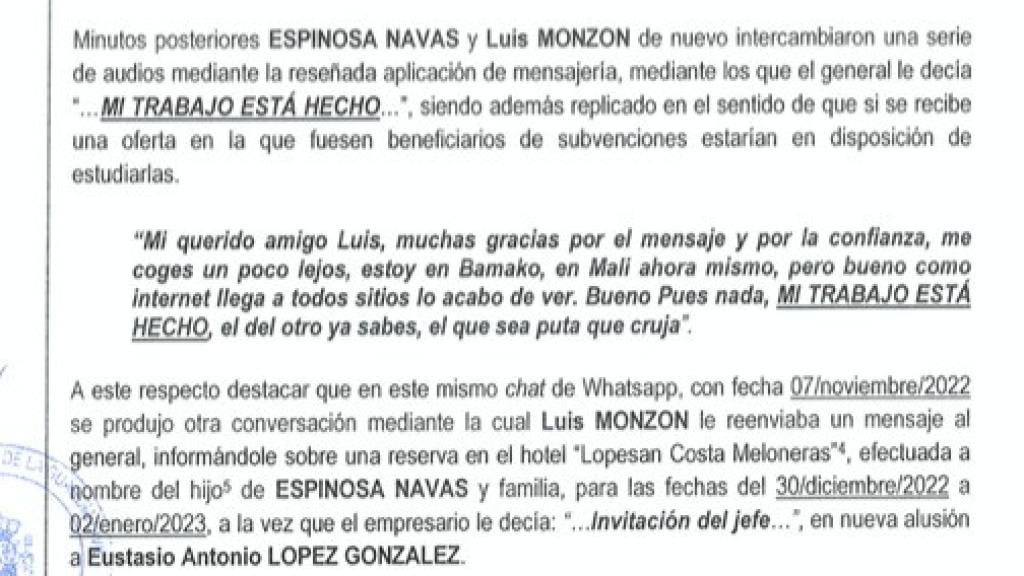Extracto del sumario en el que puede verse una conversación con uno de los empresarios cuando el general estaba en Mali.
