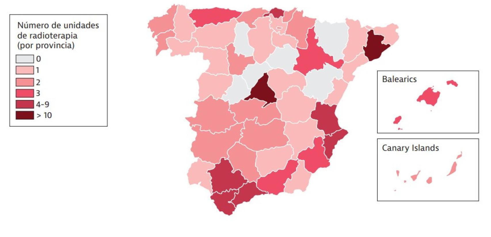 Número de unidades de radioterapia por provincia (datos de 2020).