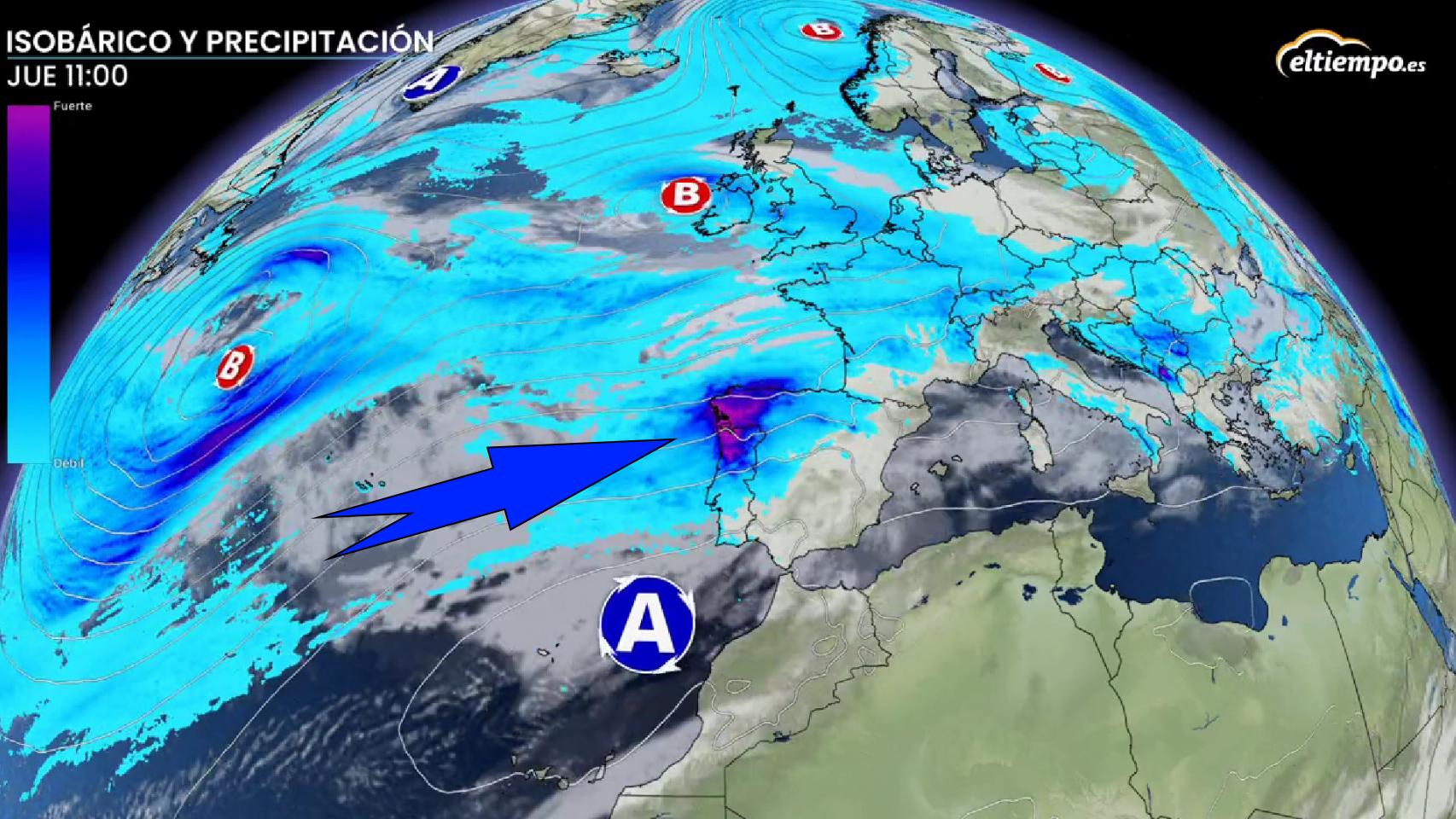 La llegada de la borrasca atlántica a mediados de semana. Eltiempo.es