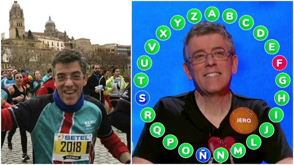 Jero Hernández, en una carrera y concursando en Pasapalabra.