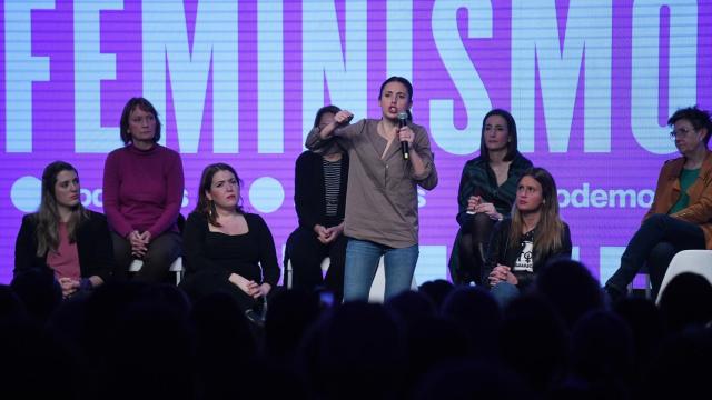La ministra de Igualdad, Irene Montero, durante su intervención en el encuentro feminista 'La fuerza que transforma', ayer en Madrid.