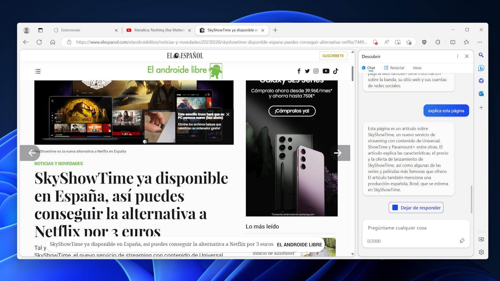Cómo usar la IA de Bing en cualquier página y hacer que te resuma vídeos y webs