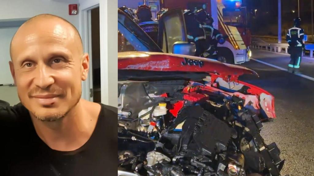 Edoardo di Lorio, la víctima mortal del kamikaze de la M-11, y el coche que embistió el taxi donde viajaba.