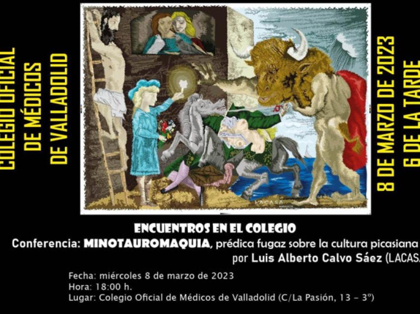 Cartel anunciador de la conferencia con una obra original de Calvo Gómez (firma LACASA) basada en el minotauro picasiano.