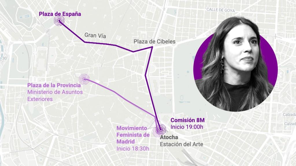 Recorrido de las dos manifestaciones enfrentadas del 8-M.
