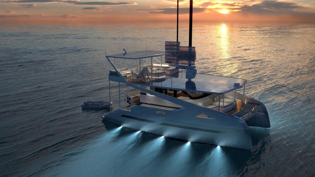 Recreación del catamarán ZEN50 al atardecer