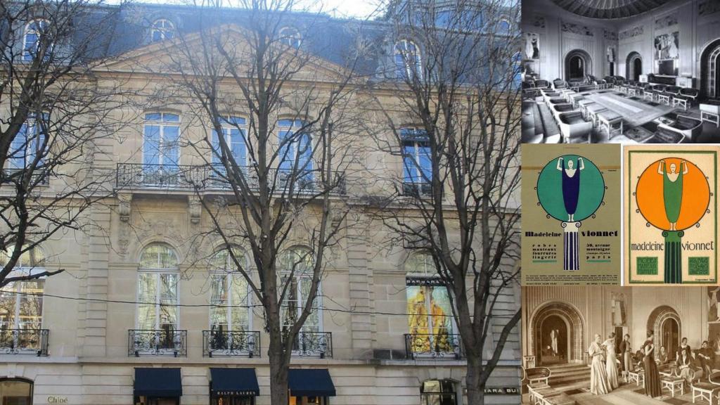 El palacete en el que estaba el taller de Madeleine Vionnet en París hoy aloja otras firmas de moda (foto izda.). El interior, con el 'salón de los desfiles' y carteles de la marca.