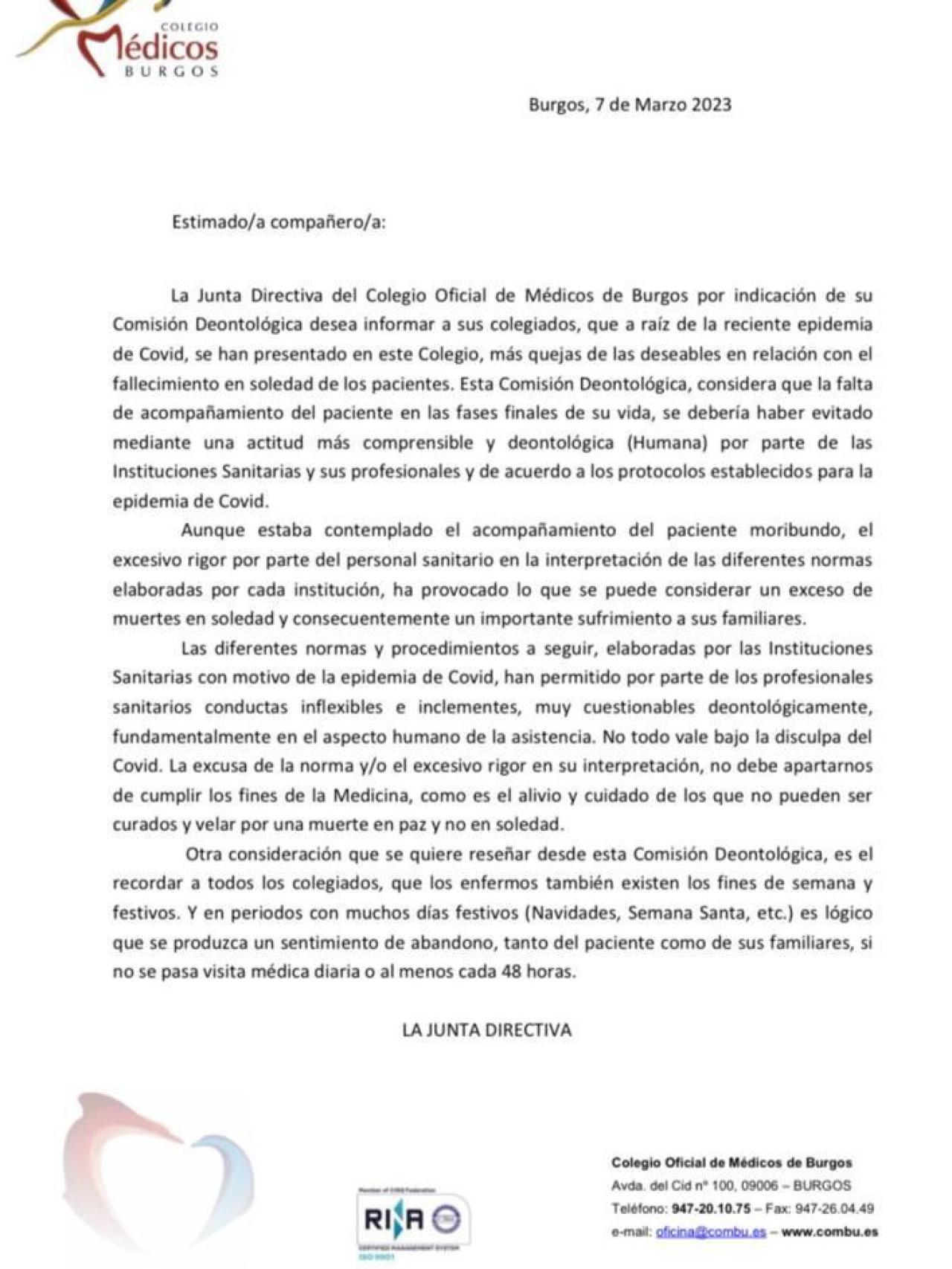 Comunicado del Colegio de Médicos de Burgos