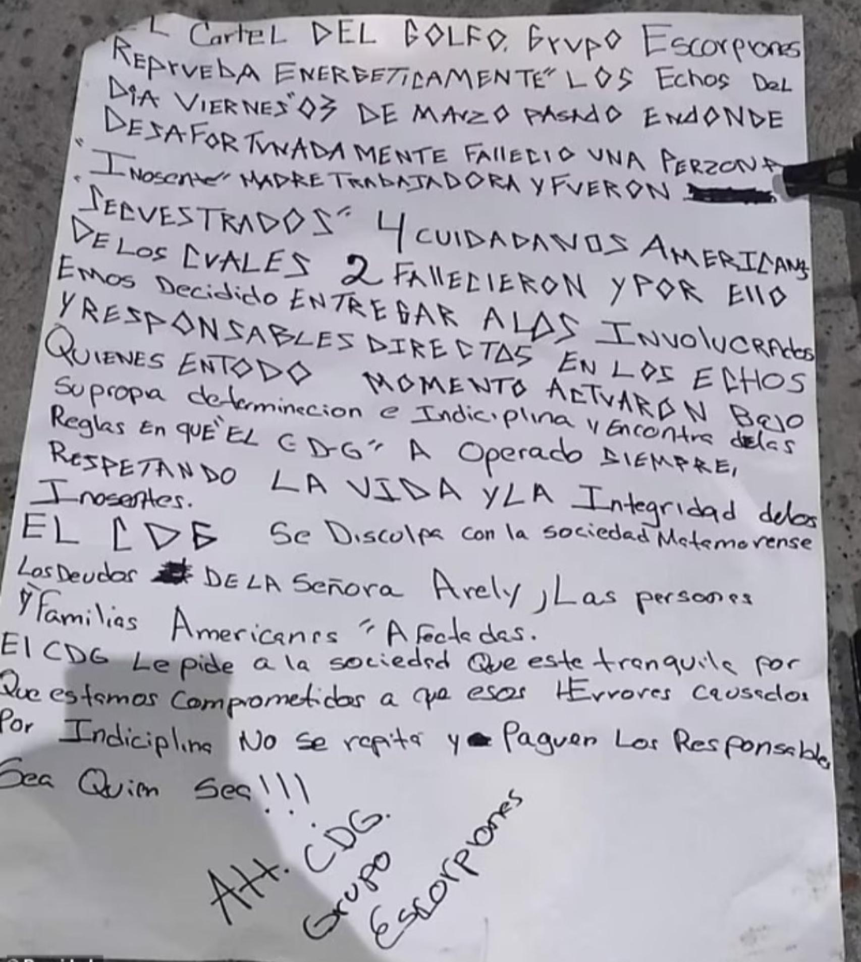 Carta con la que el Grupo Escorpiones presentó sus disculpas por los actos cometidos.