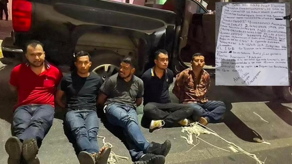 Los cinco hombres entregados por el Grupo Escorpiones este jueves junto con la carta que se ha hecho pública.