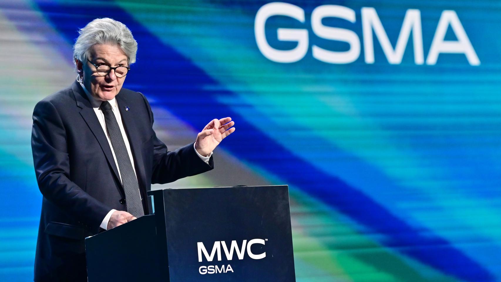 Thierry Breton, comisario europeo de Mercado Interior, durante su intervención en la sesión inaugural del MWC 2023.
