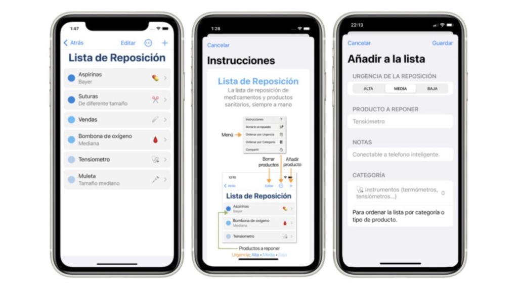 Las listas de reposición de la app.