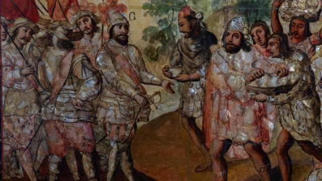 'Círculo de Miguel y Juan González, La conquista de México', h. 1695-1700. Detalle de la tabla 1
