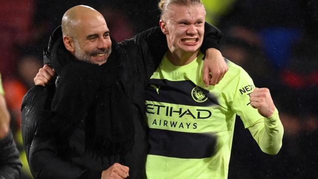 Pep Guardiola y Erling Haaland, celebrando la victoria ante el Crystal Palace