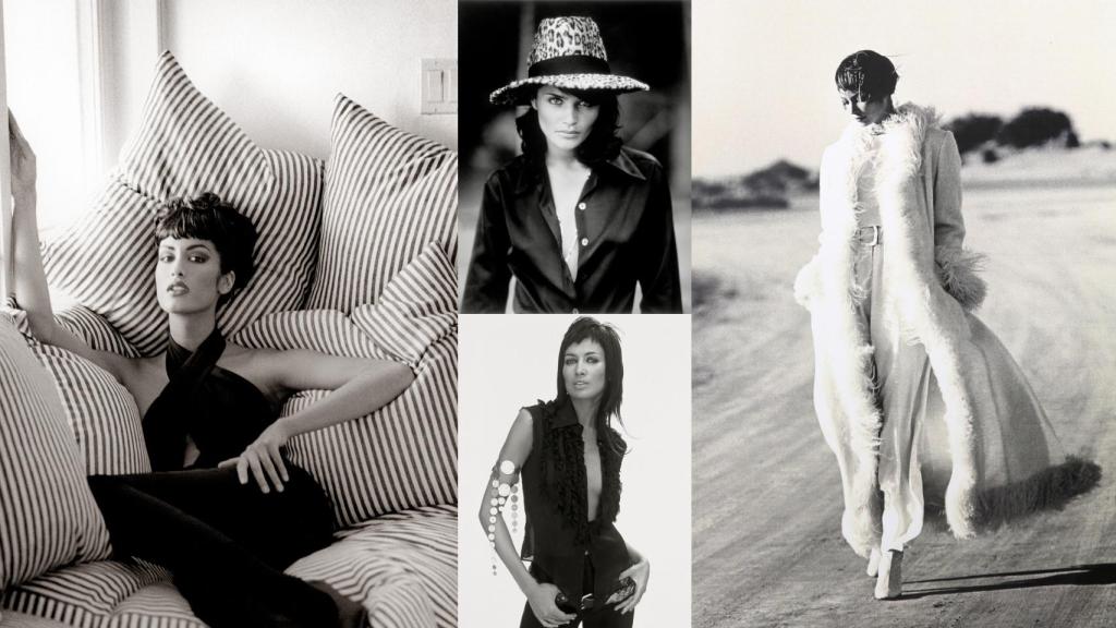 De izda. a dcha.: Yasmeen Ghauri (fotografiada por Jacques Olivar), Helena Christensen (arriba, por Mikael Jansson), Nieves Alvarez (abajo, por Javier Salas) y Christy Turlington (por Jacques Olivar).