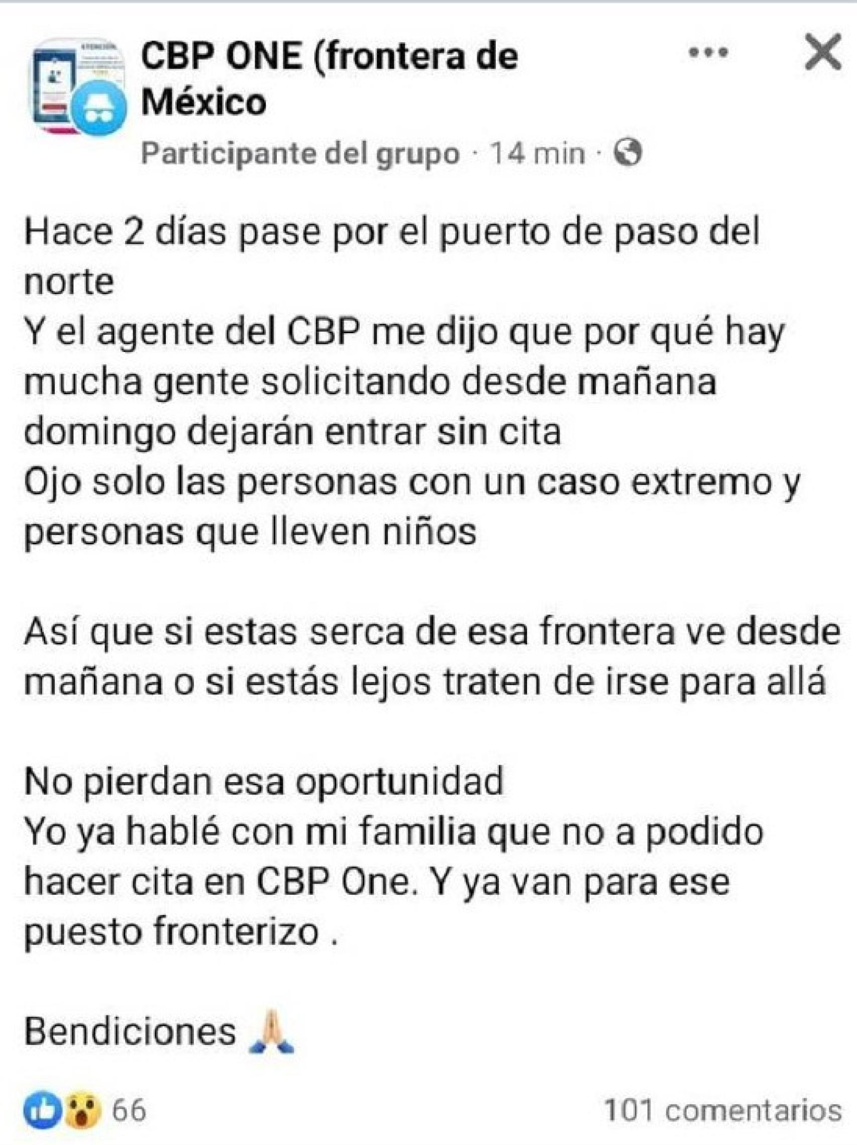Comunicado anónimo publicado en el grupo de Facebook 'CBP ONE (frontera de México)'.