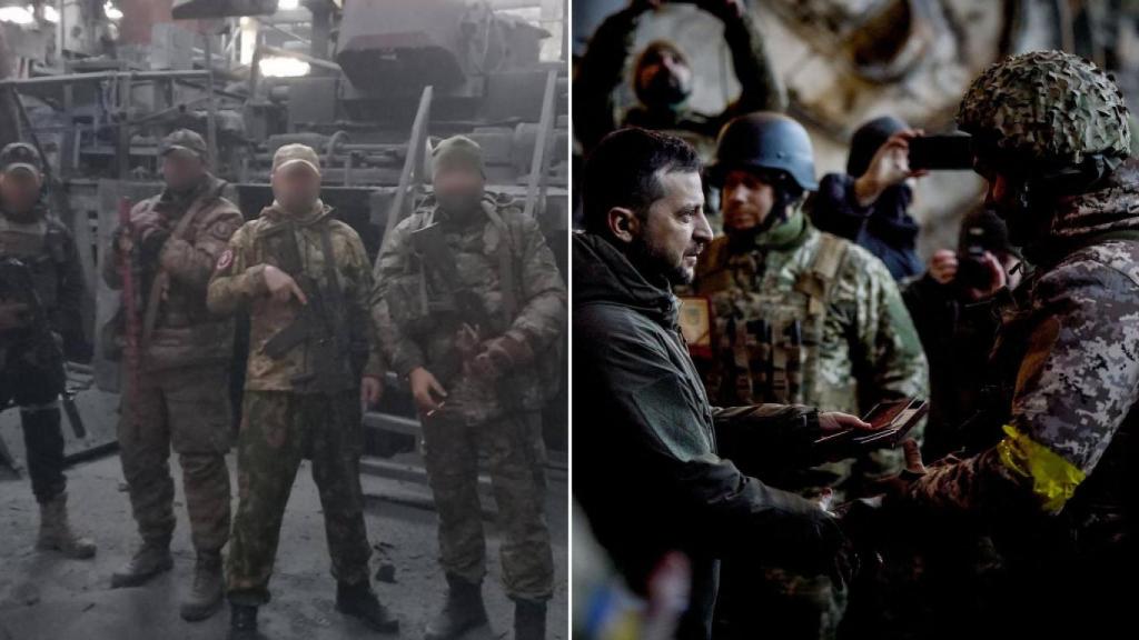 A la izquierda, mercenarios del Grupo Wagner en Azom. Y a la derecha, Zelenski condecorando a sus soldados.