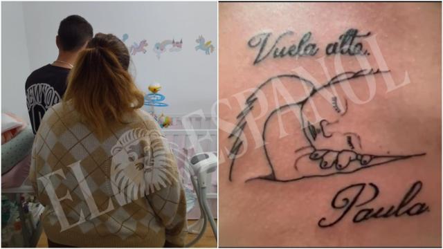 Nacho y su novia, Ana, en el cuarto que le habían preparado a Paula en su casa de Jumilla. Al lado, un detalle del tatuaje que Nacho se ha hecho con el nombre de su hija tras perderla en una cesárea.
