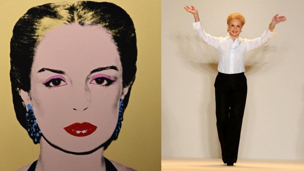 El retrato que  Andy Warhol le hizo a Carolina Herrera (izda.) y la diseñadora, saludando tras un desfile.