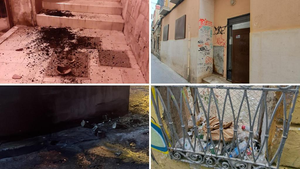 Montaje con algunas imágenes del estado de las calles del Casco Antiguo tras las fiestas nocturnas.