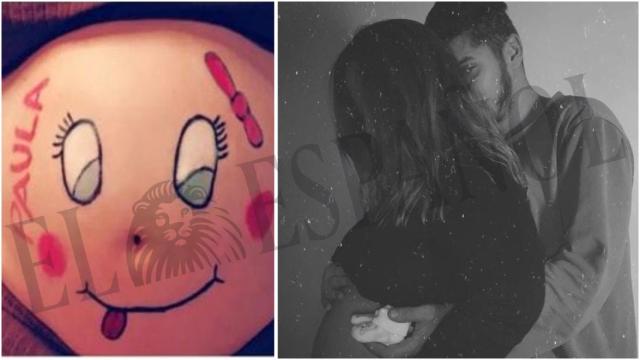 Una foto de la gestación de Paula. Al lado, una imagen de Nacho abrazando a Ana.