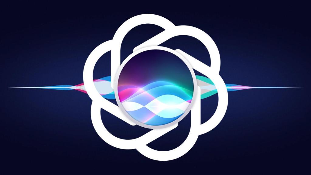 Logos de Siri y OpenAI fundidos en un fotomontaje.