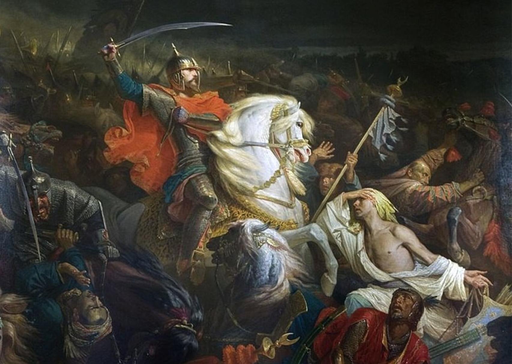 Cuadro de Adolphe Yvon sobre la batalla de Kulikovo, un mito fundacional ruso, centrado en la figura de Dimitri Donskói.