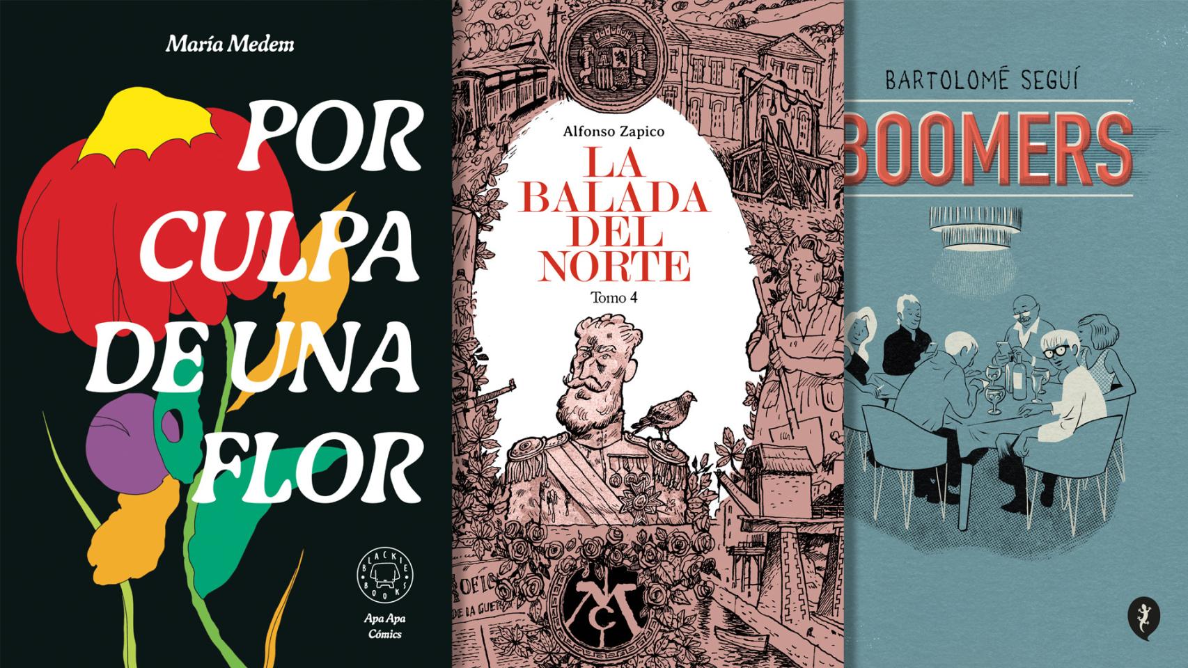 Portadas de 'Por culpa de una flor', de María Medem; 'La balada del norte. Tomo 4', de Alfonso Zapico; y 'Boomers', de Bartolomé Seguí
