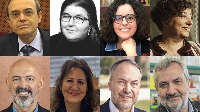 Arriba, de izquierda a derecha: Javier Arias,  Esther del Campo, Matilde Carlón y María Castro. Abajo, en el mismo orden: Joaquín Goyache, Josefa Isasi, Iñaqui López y Jesús Pérez.