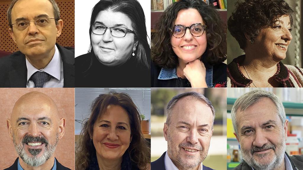 Arriba, de izquierda a derecha: Javier Arias,  Esther del Campo, Matilde Carlón y María Castro. Abajo, en el mismo orden: Joaquín Goyache, Josefa Isasi, Iñaqui López y Jesús Pérez.