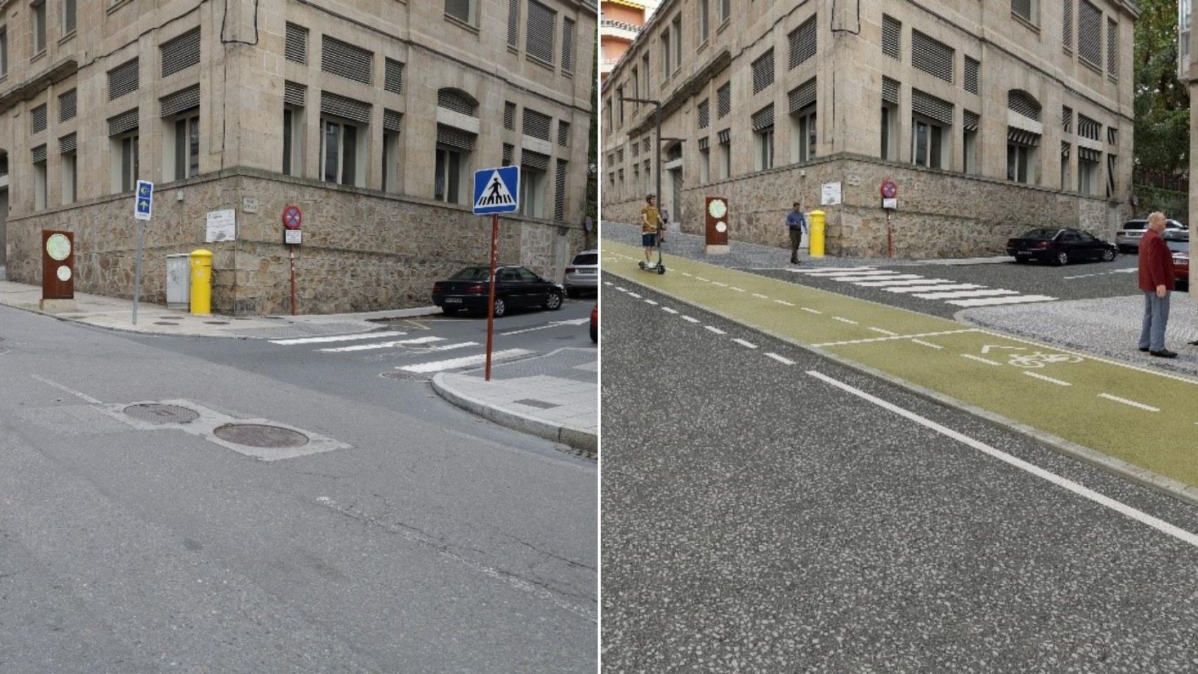 Estado actual e infografía de la avenida de As Caldas, en Ourense.