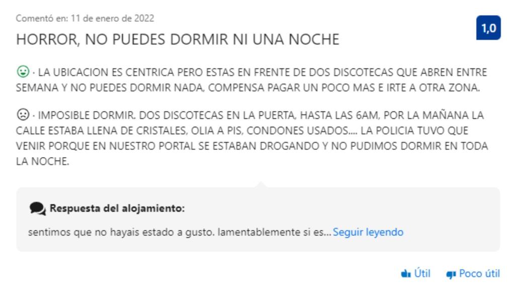 Uno de los comentarios en Booking.