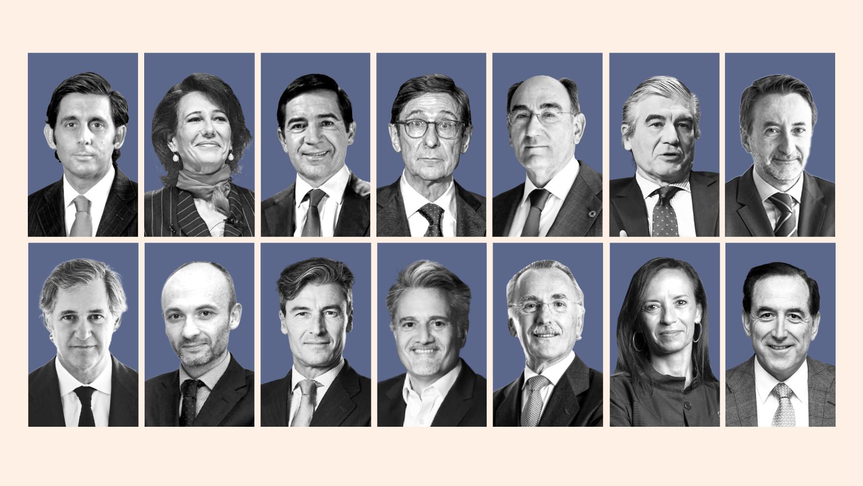 De izda. a dcha. y de arriba a abajo: José Mª Álvarez-Pallete, presidente de Telefónica; Ana Botín, presidenta del Santander; Carlos Torres, presidente del BBVA; José Ignacio Goirigolzarri, presidente de CaixaBank; Ignacio Galan, presidente de Iberdrola; Francisco Reynés, presidente de Naturgy; Josu Jon Imaz, CEO de Repsol; José Manuel Entrecanales, presidente de Acciona; Óscar García Maceiras, CEO de Inditex; Federico Linares, presidente de EY; Alberto Granados, presidente de Microsoft España; Luis Furnells, presidente de Oesía; Beatriz Corredor, presidenta de Redeia y Antonio Huertas, presidente de Mapfre.