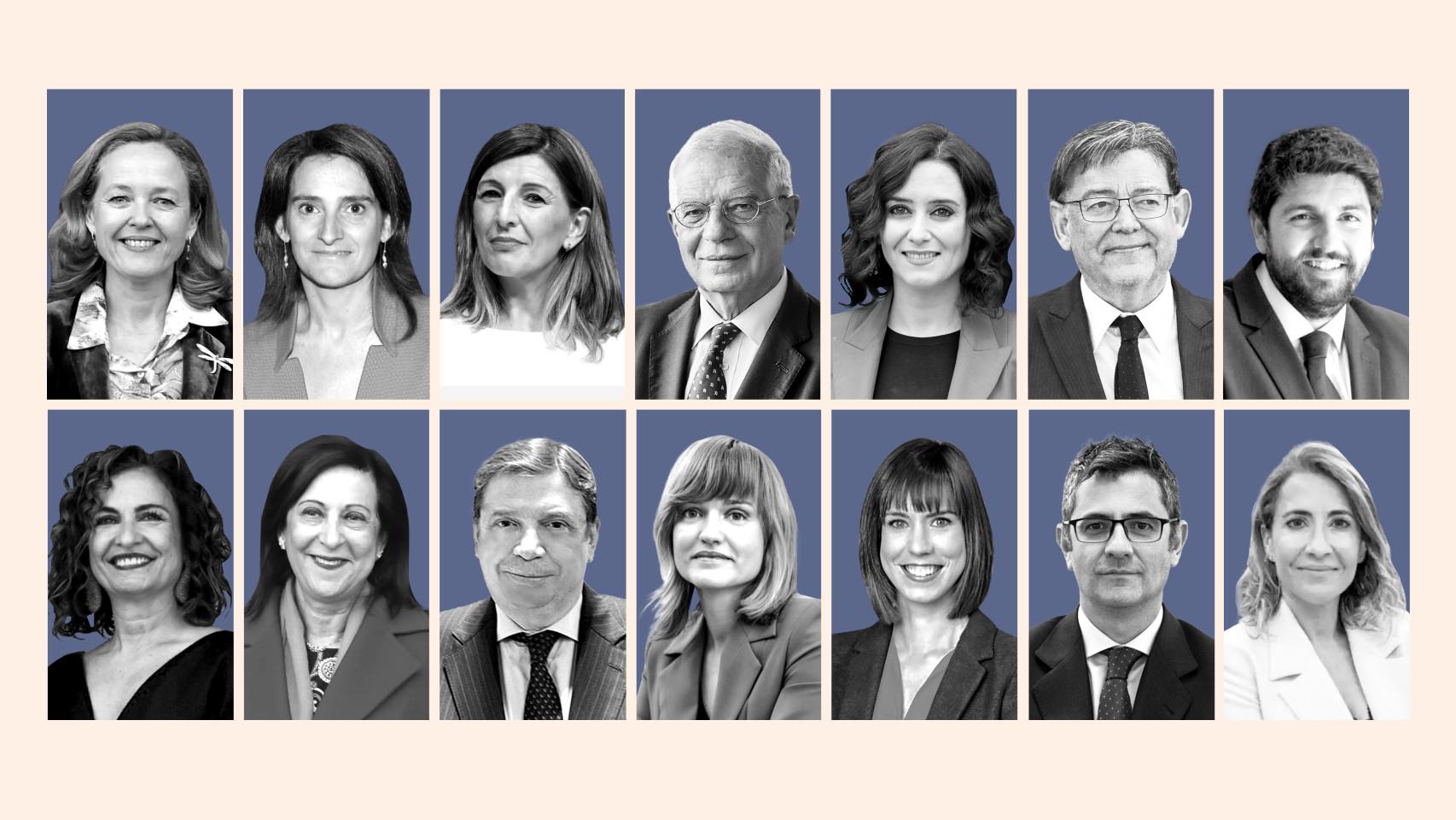 De izda. a dcha. y de arriba abajo: Nadia Calviño; Teresa Ribera; Yolanda Díaz; Josep Borrell; Isabel Díaz Ayuso; Ximo Puig; Fernando López Miras; Mª Jesús Montero; Margarita Robles; Luis Planas; Pilar Alegría; Diana Morant; Félix Bolaños y Raquel Sánchez.