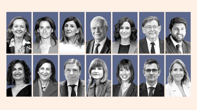 De izda. a dcha. y de arriba abajo: Nadia Calviño; Teresa Ribera; Yolanda Díaz; Josep Borrell; Isabel Díaz Ayuso;  Ximo Puig; Fernando  López Miras; Mª Jesús Montero; Margarita  Robles; Luis Planas; Pilar  Alegría; Diana  Morant; Félix Bolaños y Raquel Sánchez.