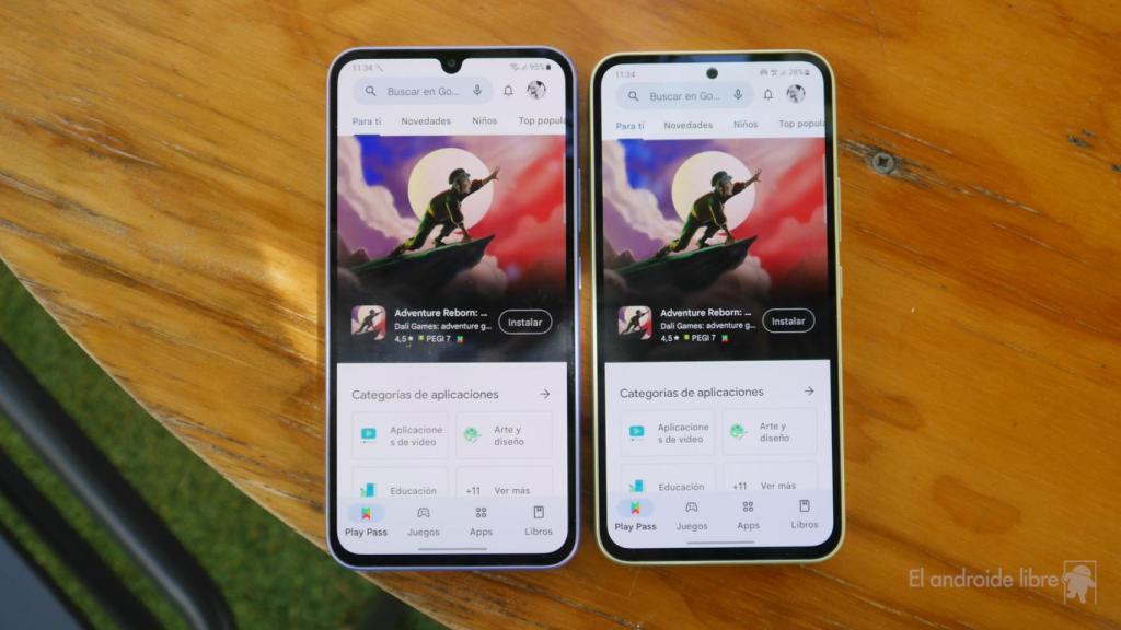 Samsung Galaxy A54 5G (verde) y Samsung Galaxy A34 5G (morado)