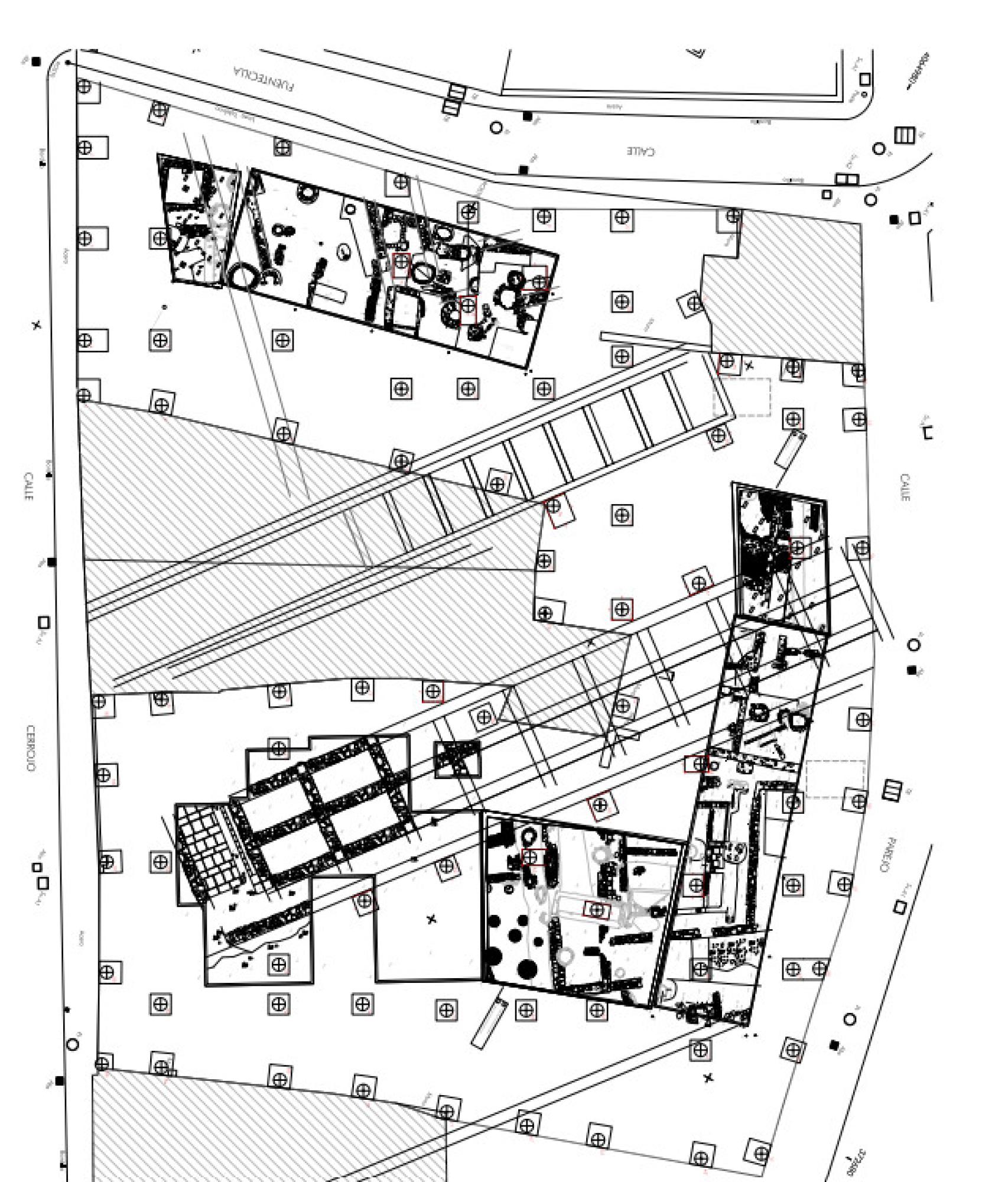 Plano con la delimitación de los restos arqueológicos y la futura edificación.