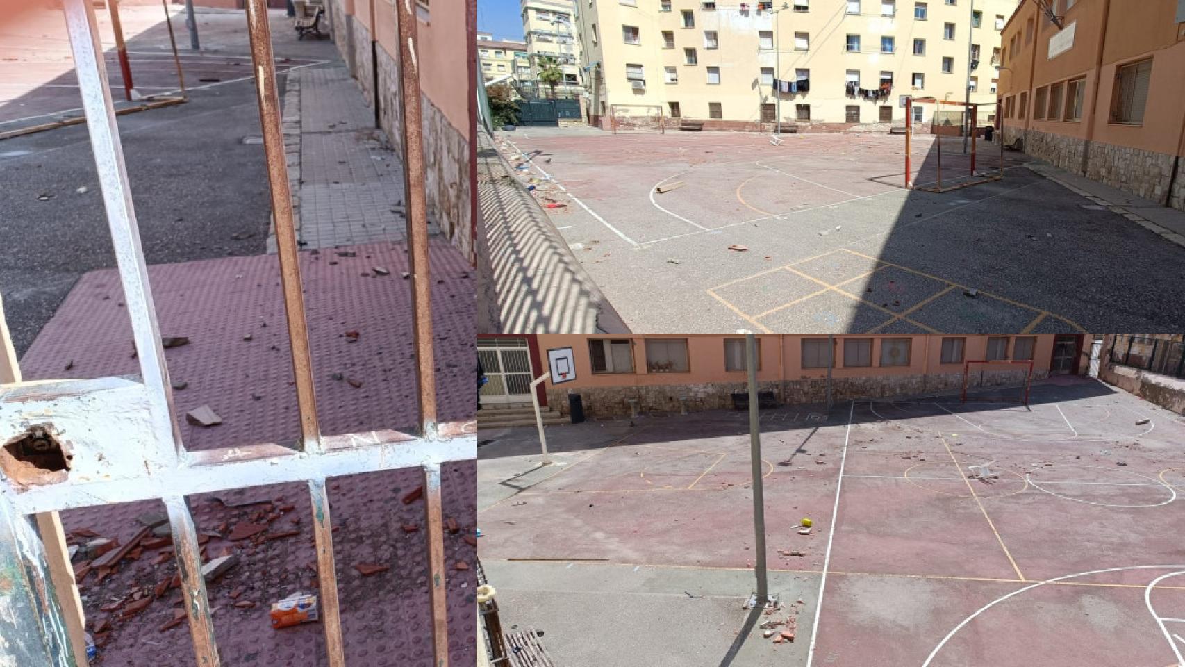 La puerta del colegio abandonado en Alicante y el estado de las instalaciones.