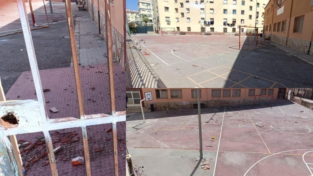La puerta del colegio abandonado en Alicante y el estado de las instalaciones.