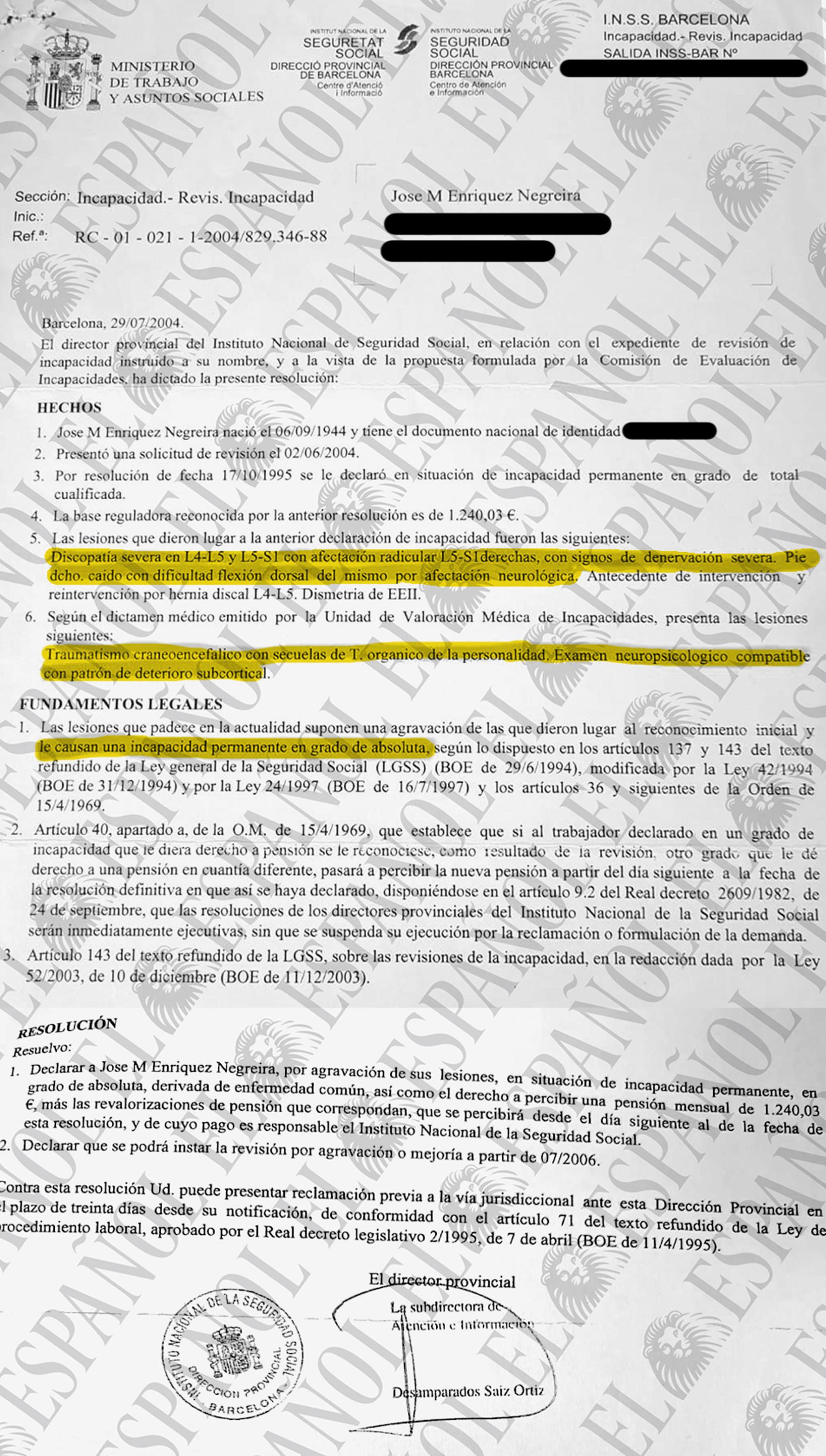 Informe de la Seguridad Social sobre la revisión de la incapacidad de José María Enríquez Negreira