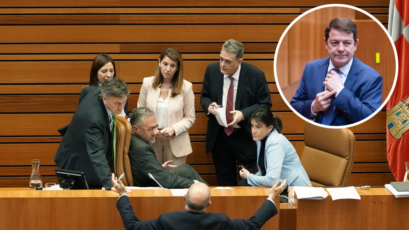 Montaje de la sesión del Pleno de los Presupuestos Generales de la Comunidad para 2023 y una imagen de la peineta de Mañueco en el último pleno